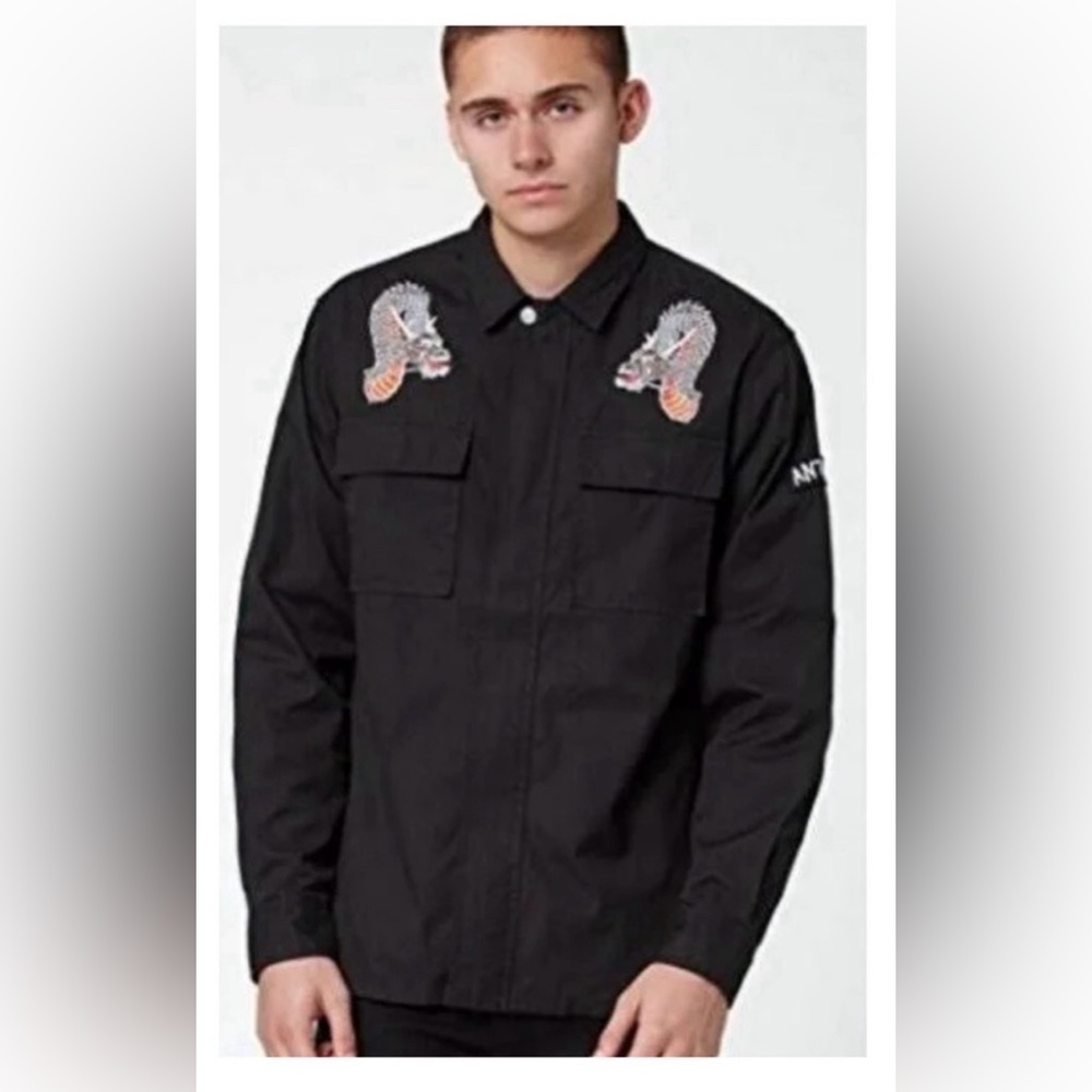 PacSun Mens BLACK EMBROIDERED DRAGON ANTI-YOU FULL ZIP Shacket Pockets Small